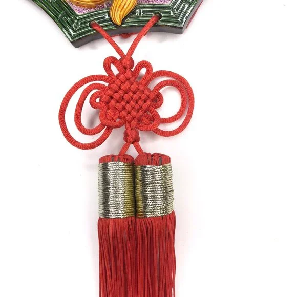 Chinese Yin Yang Dragon Hanging Plaque Pottery Red Tassels Guardian Feng Shui